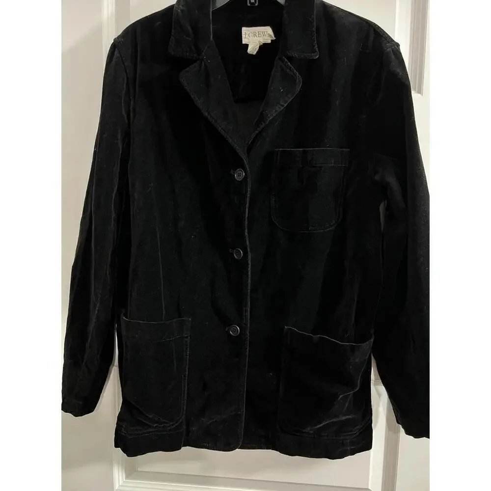 J Crew Velvet 100% Cotton Women 3 Button Loose Blazer Black Size Medium Preppy